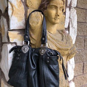 B. MAKOWSKY Purse Black Genuine Leather Buckle Accent Zip HOBO Shoulder Bag